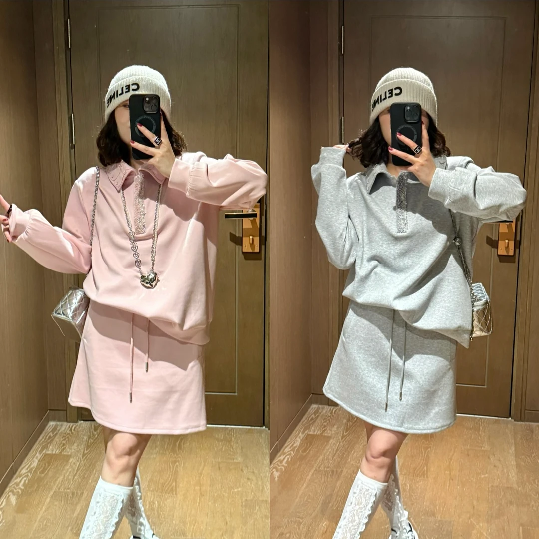 YDFSTUDIO小众【高贵之心】欧货高品花瓣钉珠翻领设计卫衣+裙裤套装