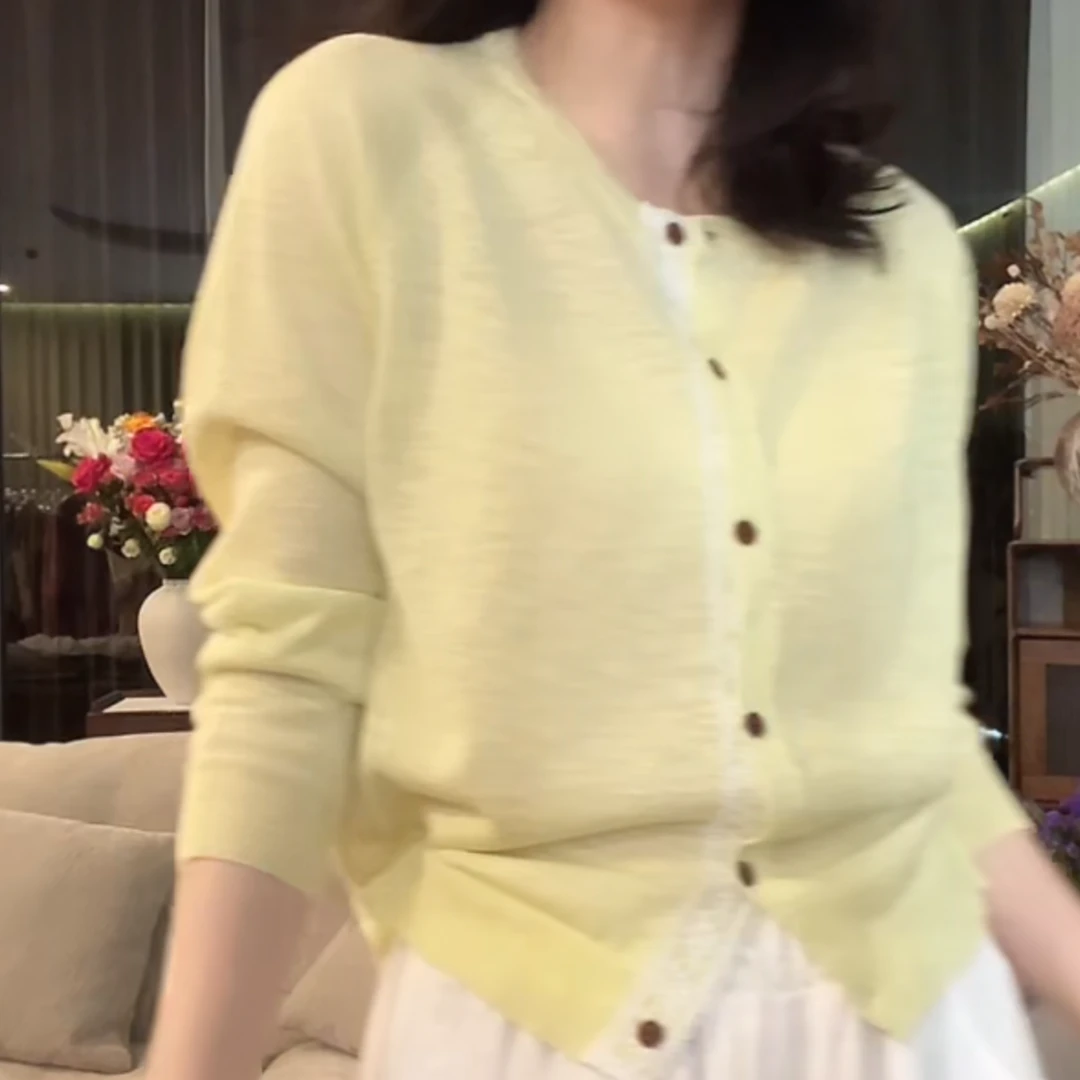 欧若风蕾丝边拼接针织开衫2025新款春夏圆领长袖轻薄防晒外套女