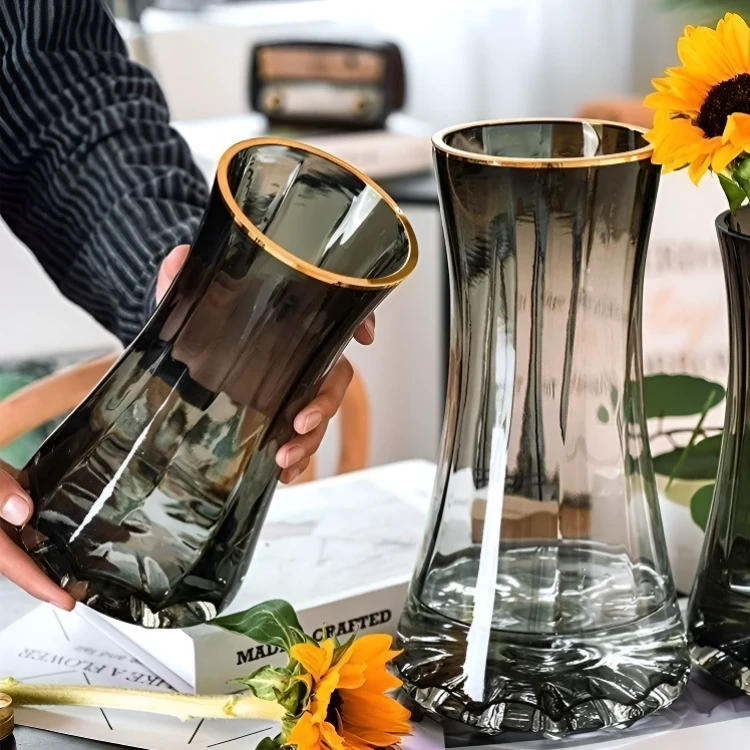 轻奢家居描金透明玻璃花瓶超厚插花水培鲜花北欧风简约桌面摆件gh