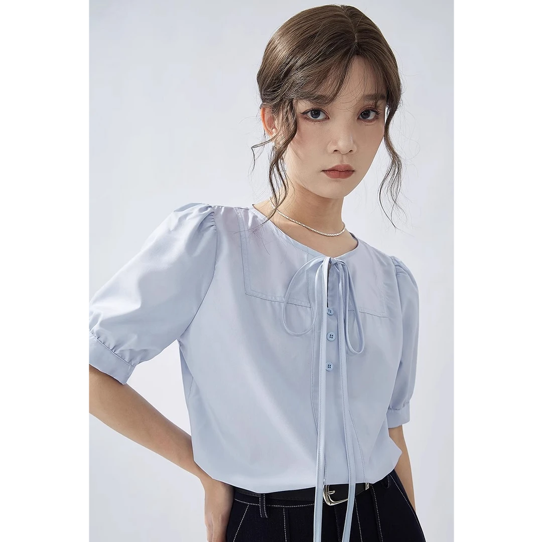 GUIER/桂儿蓝色系带短袖衬衫女法式宽松显瘦百搭泡泡袖上衣LJ0063