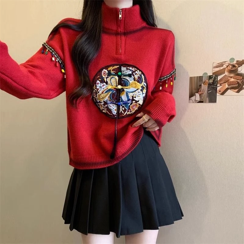 AC凤凰于飞加厚刺绣针织衫内搭女秋冬半高领时尚气质红色毛衣