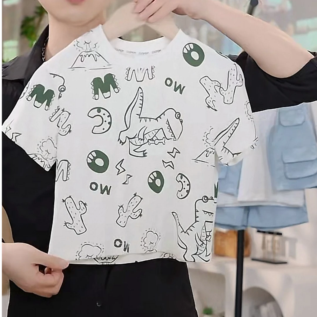 MOMOCO夏季男童休闲卡通恐龙短袖半袖百搭T恤77220235003