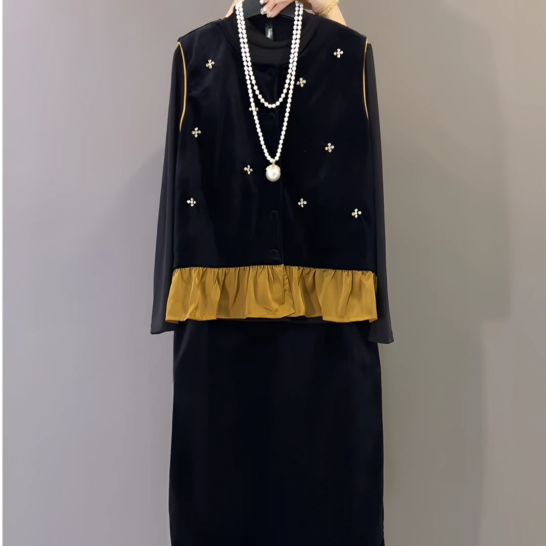 秋季新款新中式高级镶钻丝绒马甲打底衫半身裙三件套装