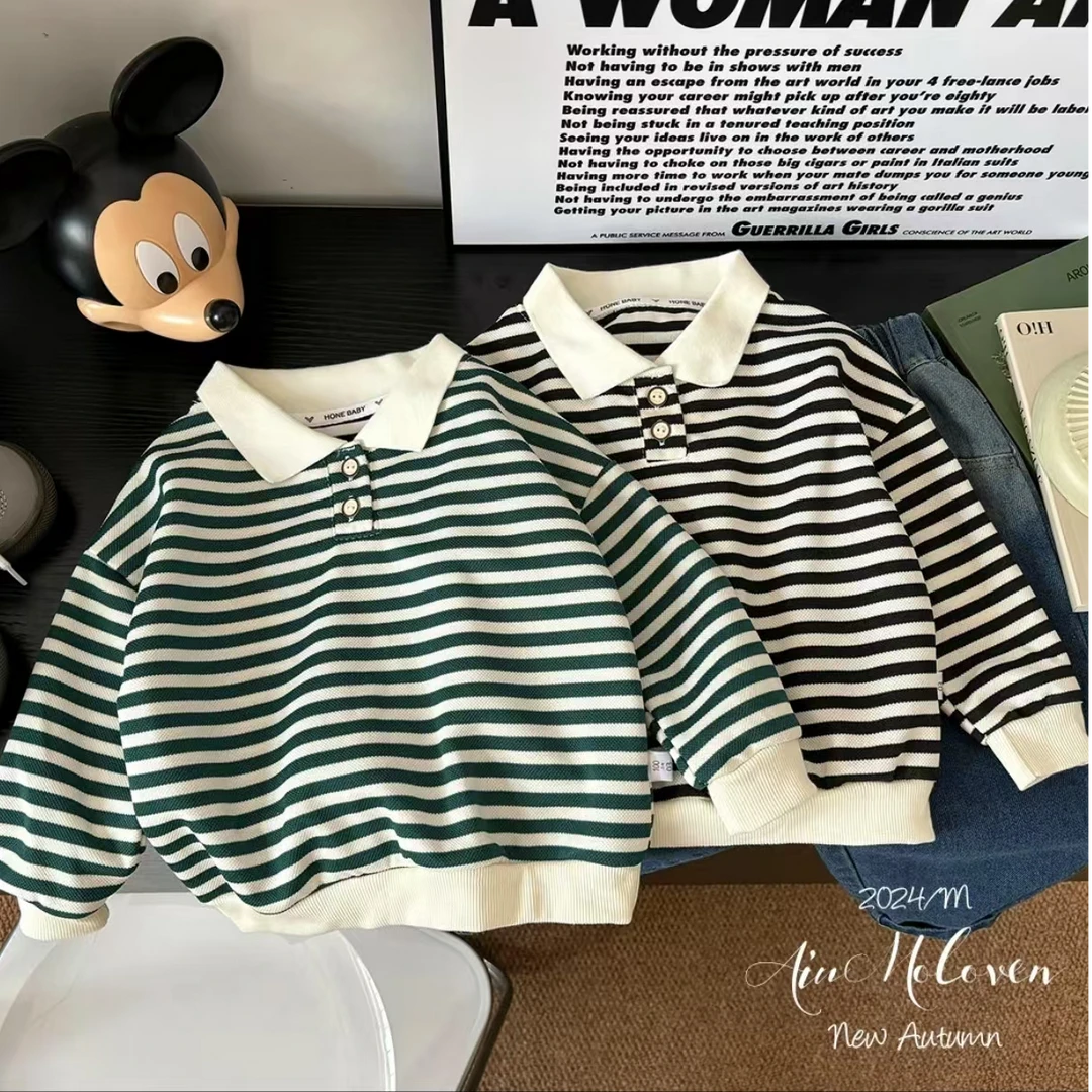 新款儿童条纹polo衫卫衣长袖宝宝洋气圆领中大童上衣帅气童装