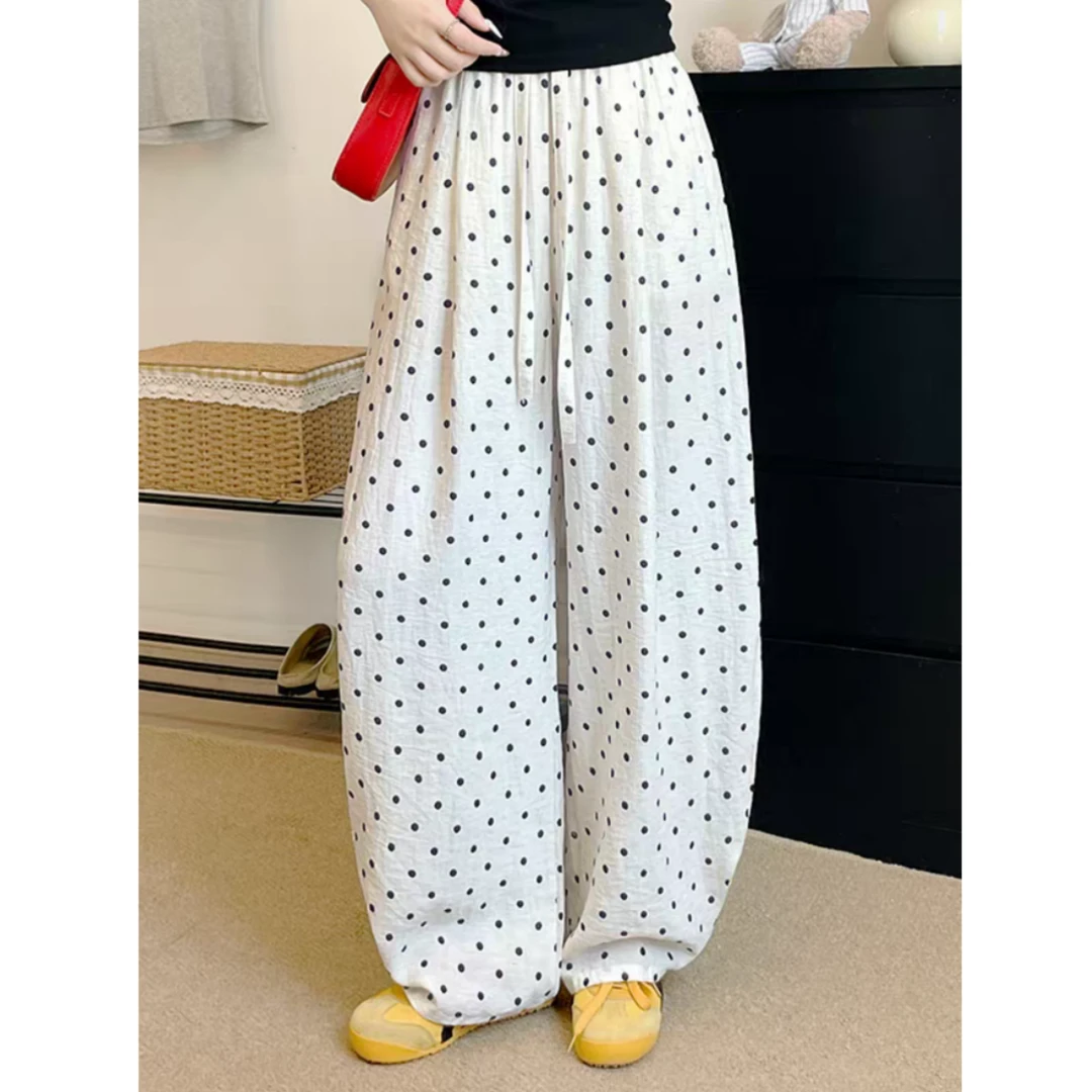 时尚休闲亚麻透气韩系波点裤女夏季新款高腰垂感直筒显瘦阔腿裤子