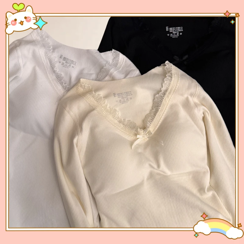 秋冬新款羊绒蚕丝贴片护宫保暖内衣v领口打底可外穿保暖上衣女Z