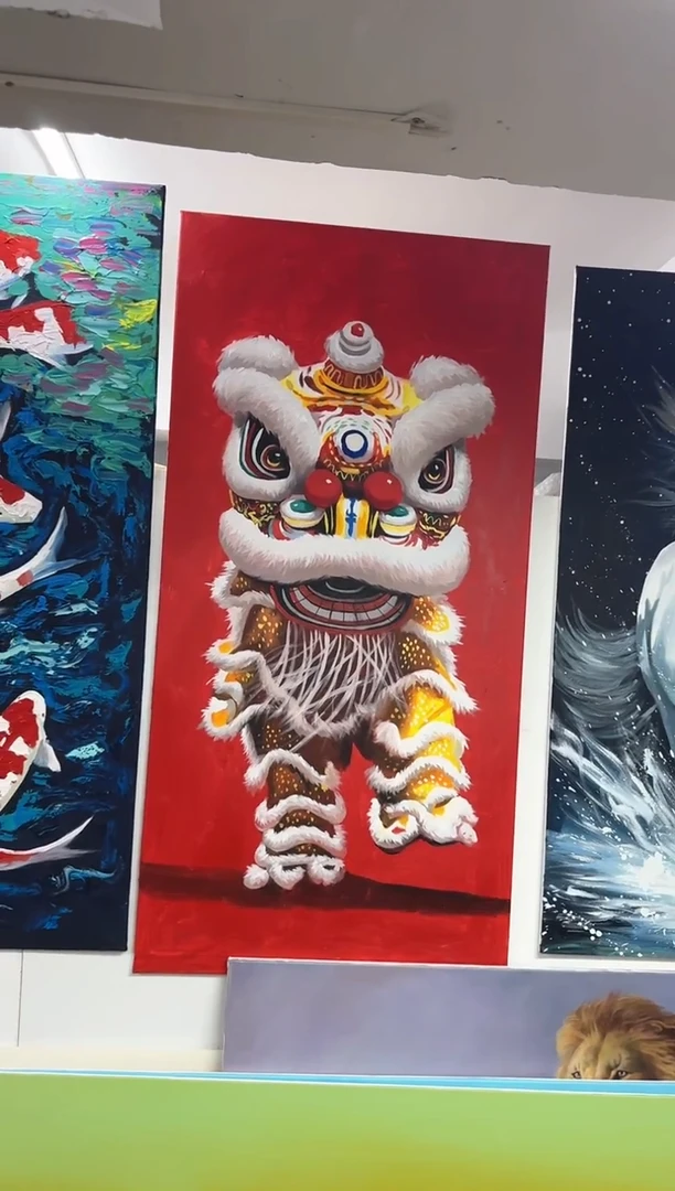 丙烯画i*大树老师醒狮加框