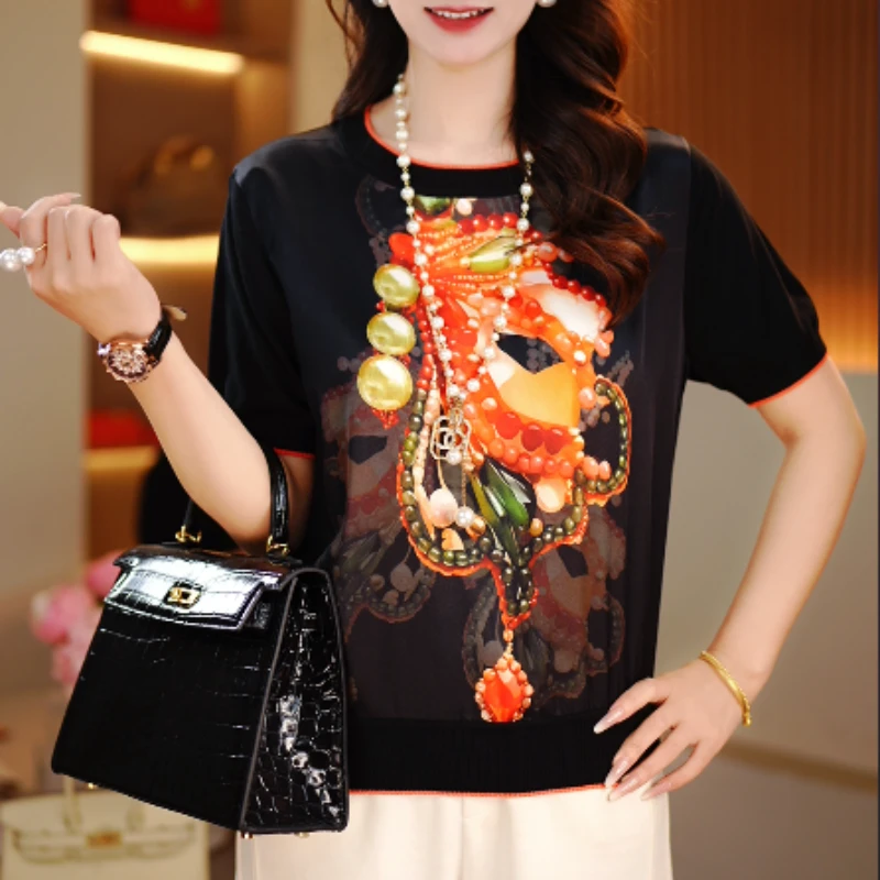 2025新品桑蚕丝字母印花休闲圆领时尚通勤女士打底短袖-.84号