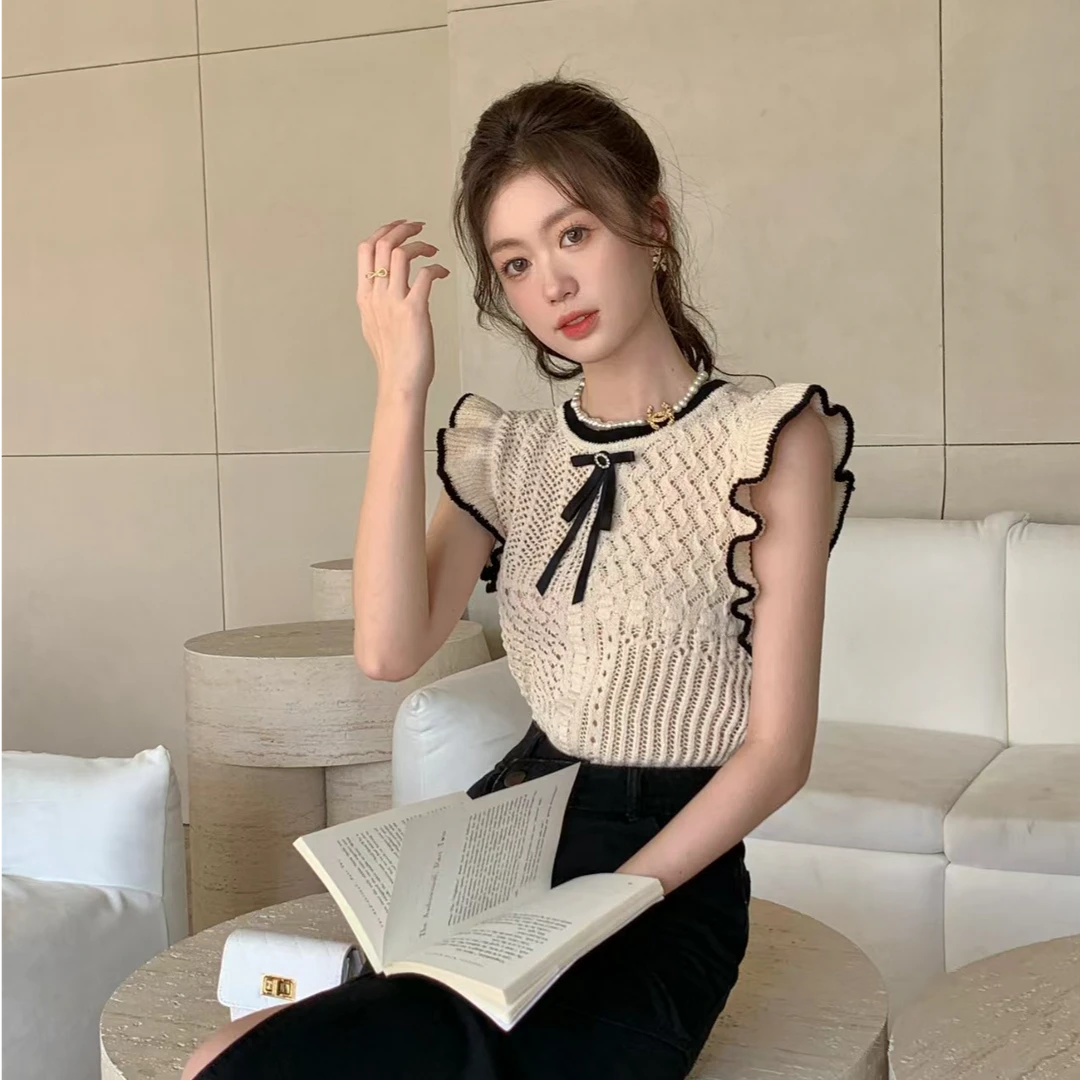 Ciobbur 荷叶边赫本风蝴蝶结针织衫