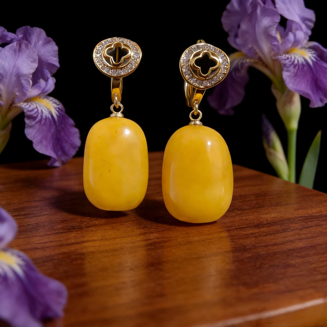 天然蜜蜡老蜡鸡油黄随型耳环多样性发一