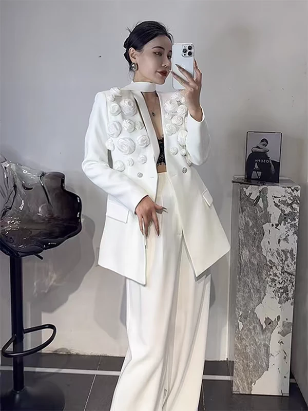2025春秋新款设计感小众立体花朵飘带西装套装女阔腿裤重工两件套