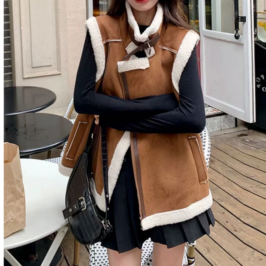 美拉德皮毛一体机车马甲外套