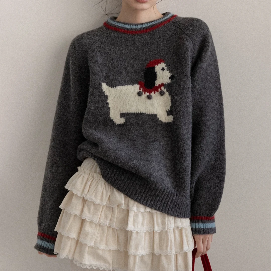 韩系撞色领口卡通小狗提花立体套头毛衣外套女秋冬圆领针织衫上衣