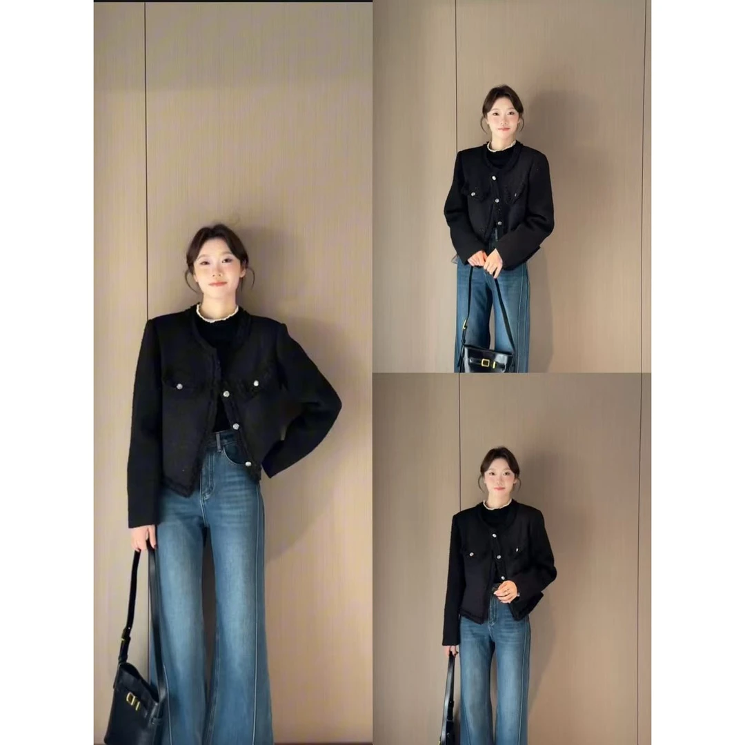 92758#『20%羊毛』韩系精致气质优雅小香风长袖外套（充绒35克）