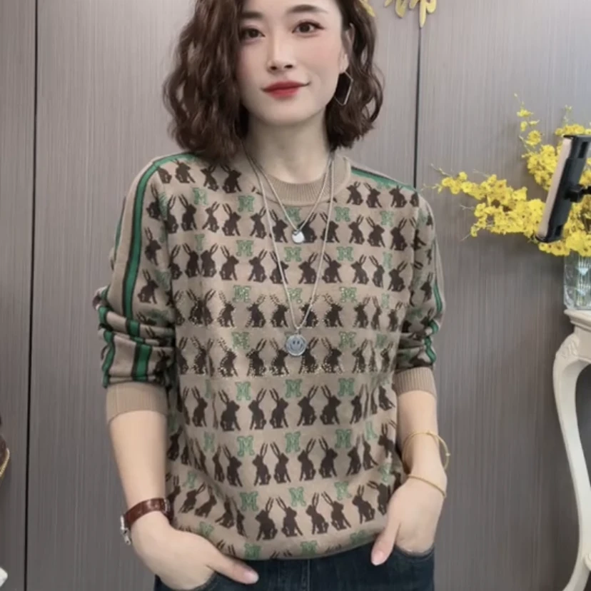 【专柜正品】洋气提花时尚减龄加厚针织衫女秋冬百搭宽松打底衫女衫