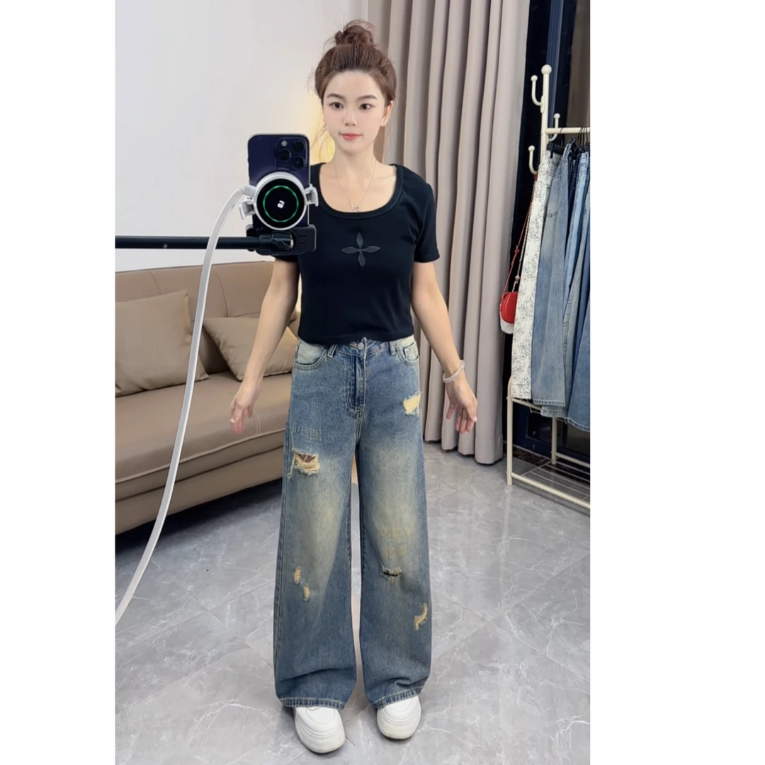 小个子新款复古蓝破洞阔腿牛仔裤拖地裤宽松慵懒显瘦高腰直筒阔腿