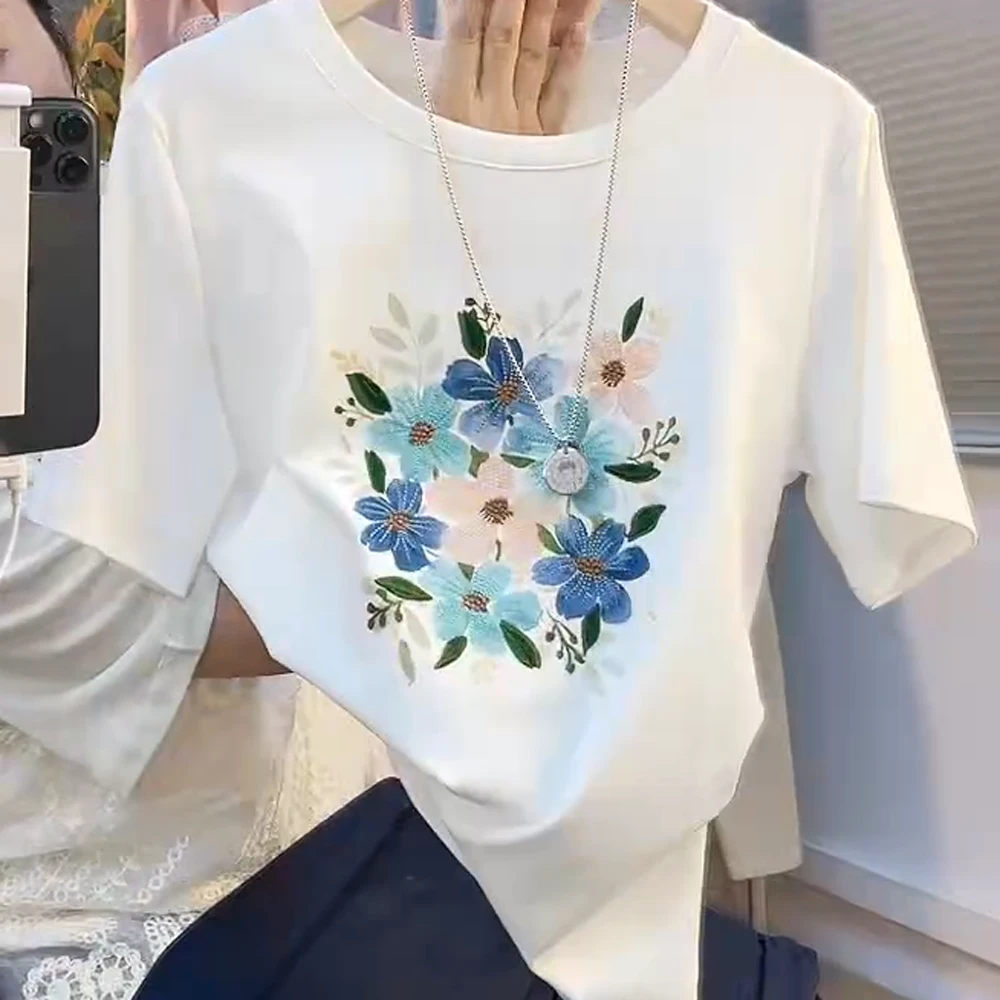 2025新款圆领捏褶花朵印花短袖T恤女夏季修身显瘦白色上衣