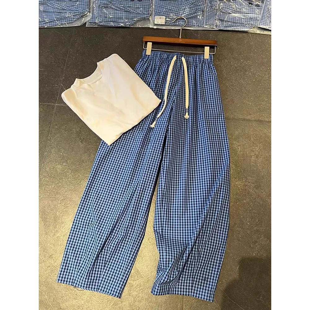 巨爱，别提多好穿!欧货高端蓝色格子阔腿裤女新款高腰显瘦直筒长裤