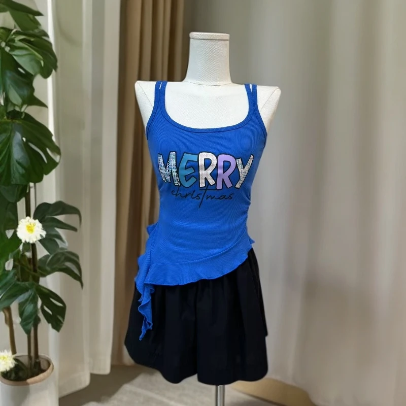 5112设计感荷叶边吊带背心女装内搭外穿字母带胸垫性感辣妹上衣