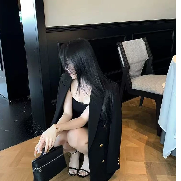 设计师款双排扣黑色西装外套女轻奢中长款韩版休闲百搭显瘦女