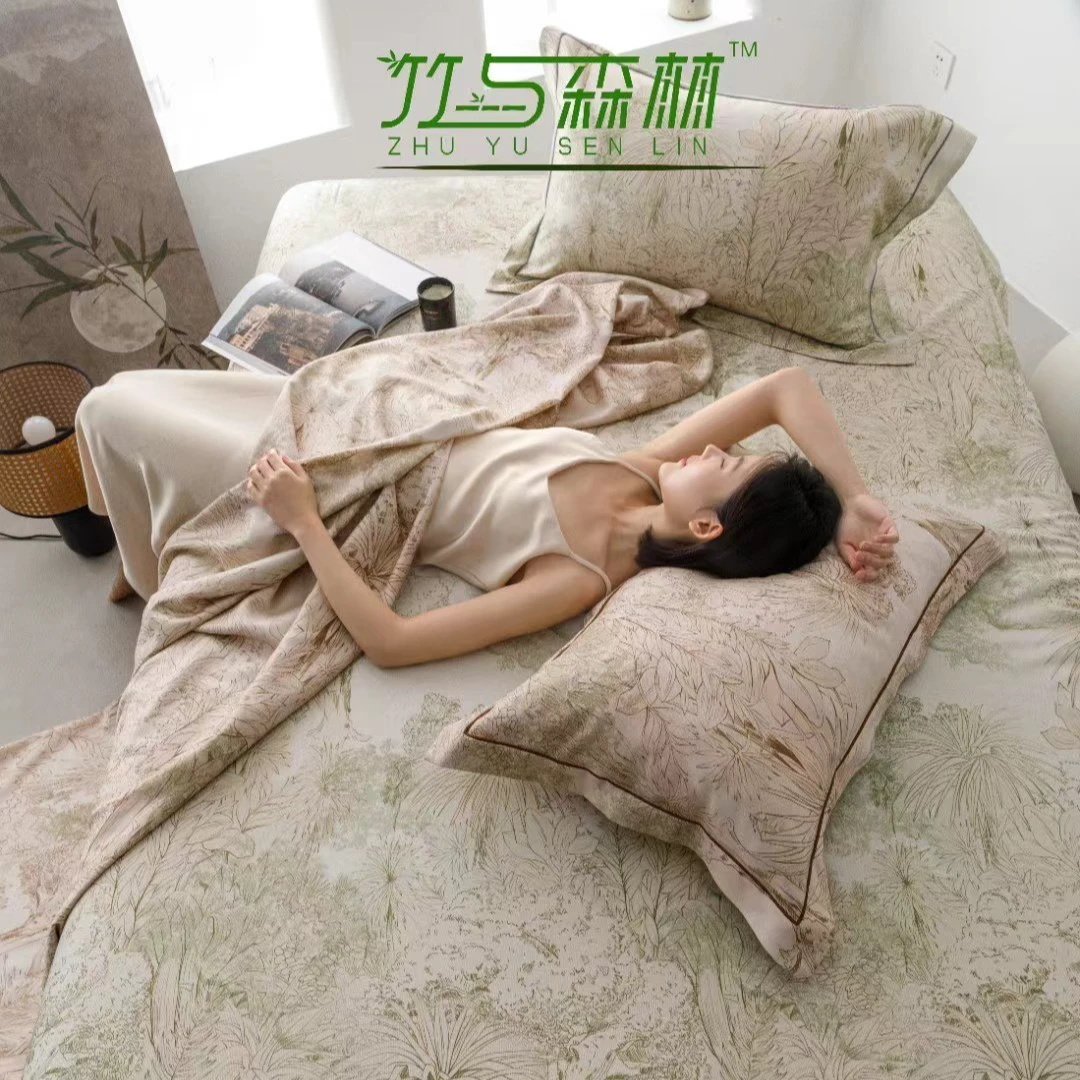 D2492 高端数码印花斜纹竹纤维冷感凉席三件套 暮云春树240*250