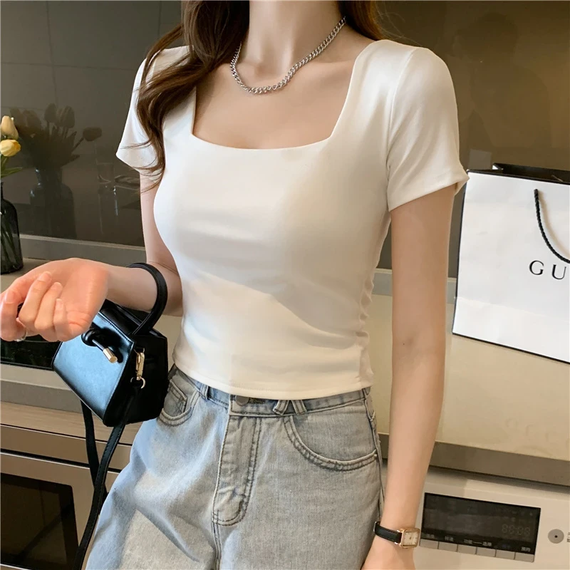 螺纹白色短袖t恤女2025夏新款百搭修身显瘦高腰短款不露肚脐上衣