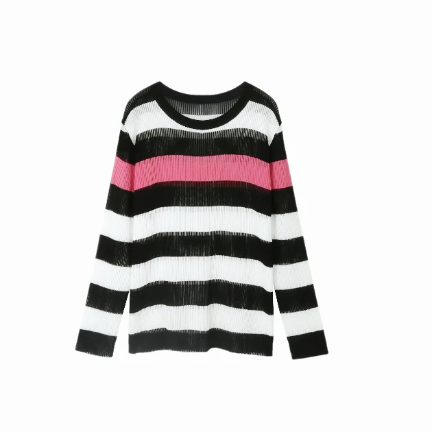 设计感撞色条纹拼接长袖薄款宽松上衣