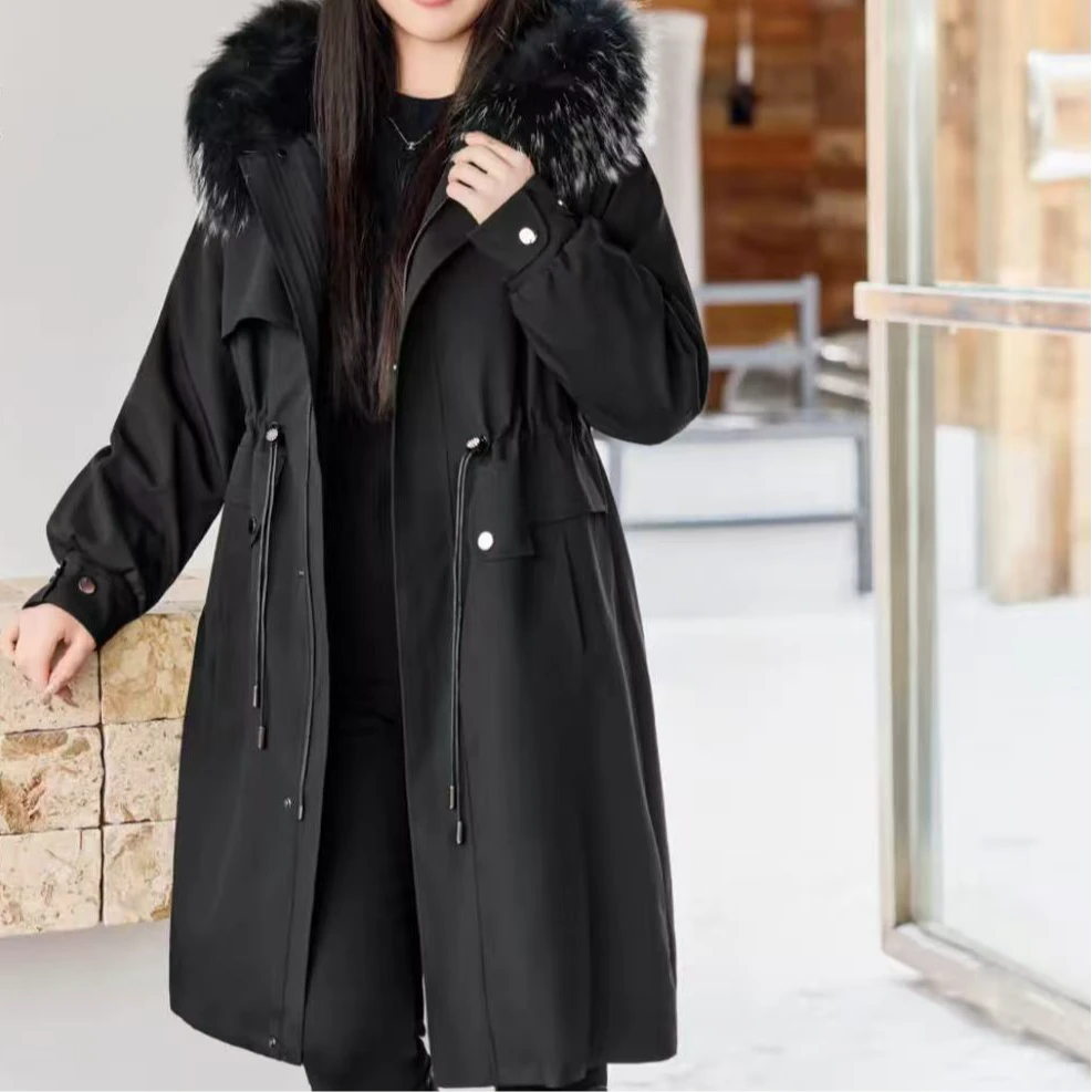 长款派克服黑色加绒加厚秋冬