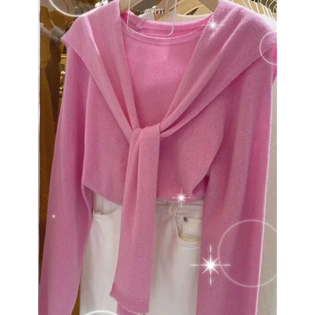 春季新款长袖披肩围巾领气质针织衫女时尚百搭减龄两件套上衣ins