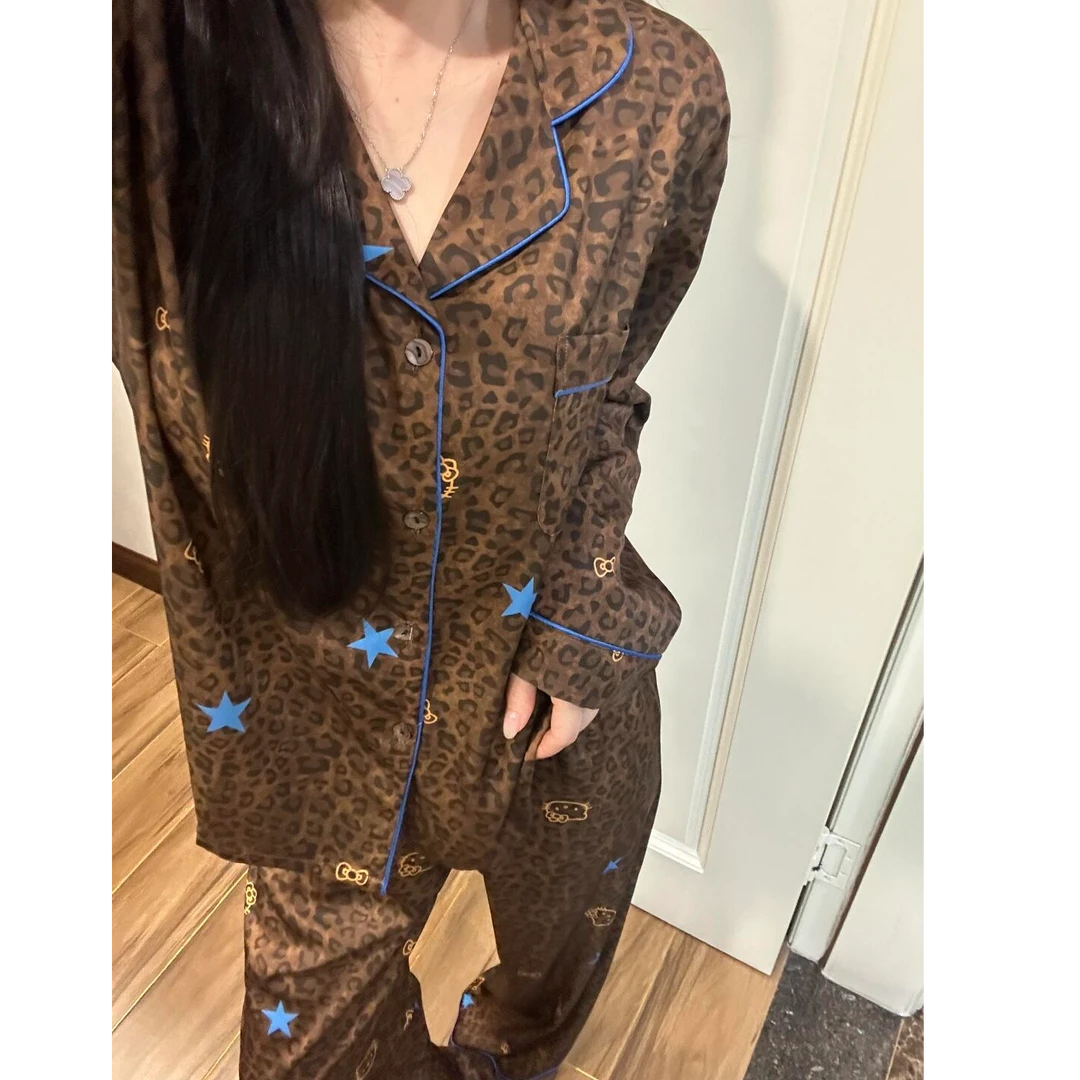 法式高级感豹纹印花冰丝睡衣套装女新款2025夏季大码外穿家居服