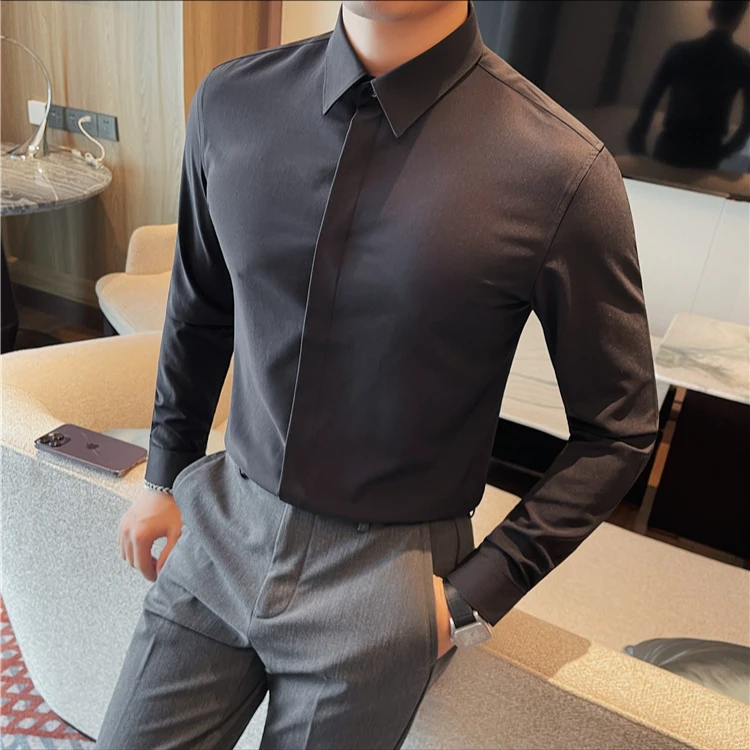 春秋季新款长袖衬衫男韩版修身时尚百搭男装商务休闲暗扣休闲衬衣
