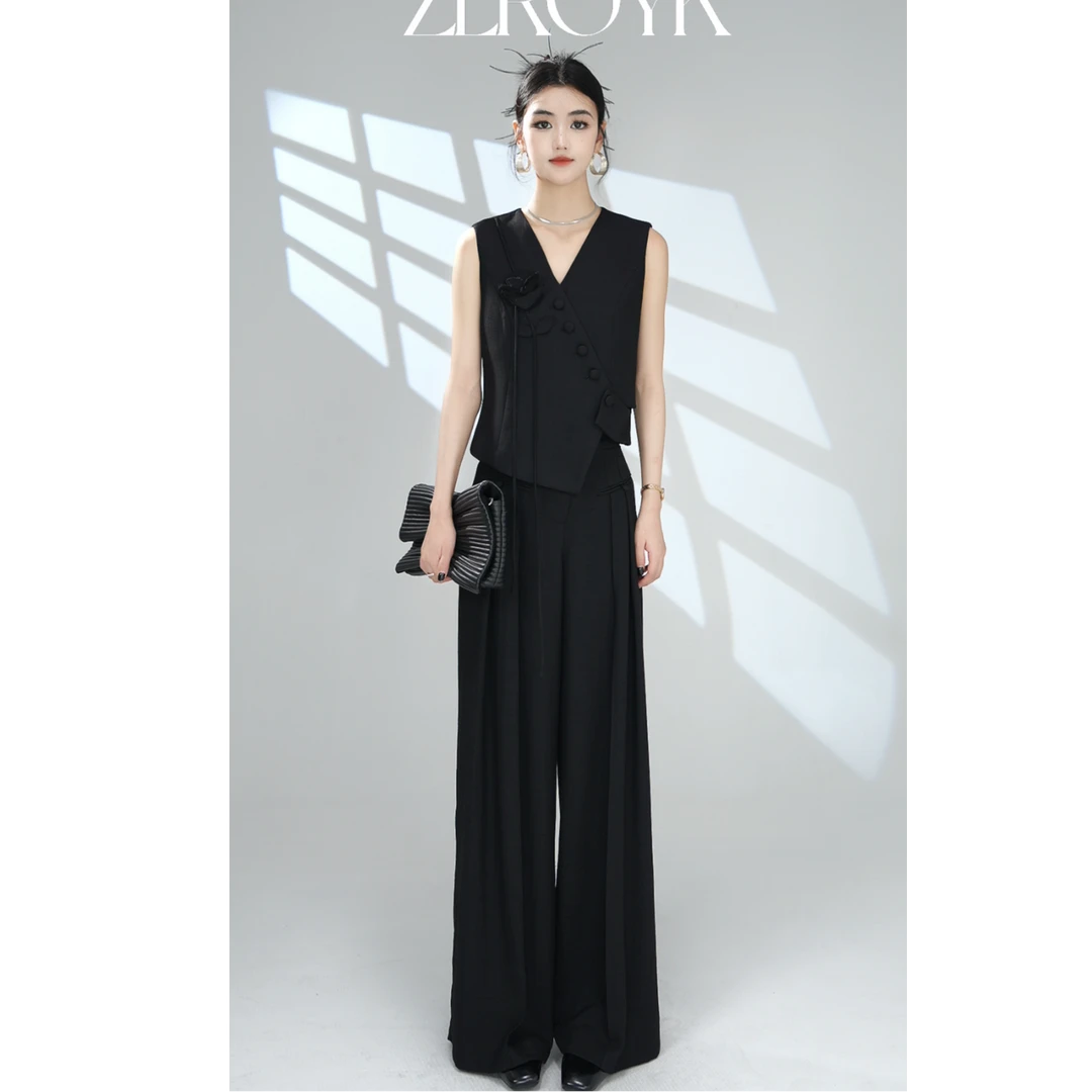ZEROYK翎蔻 南油原创亚麻套装盘花斜门襟马甲阔腿长裤套装两件套