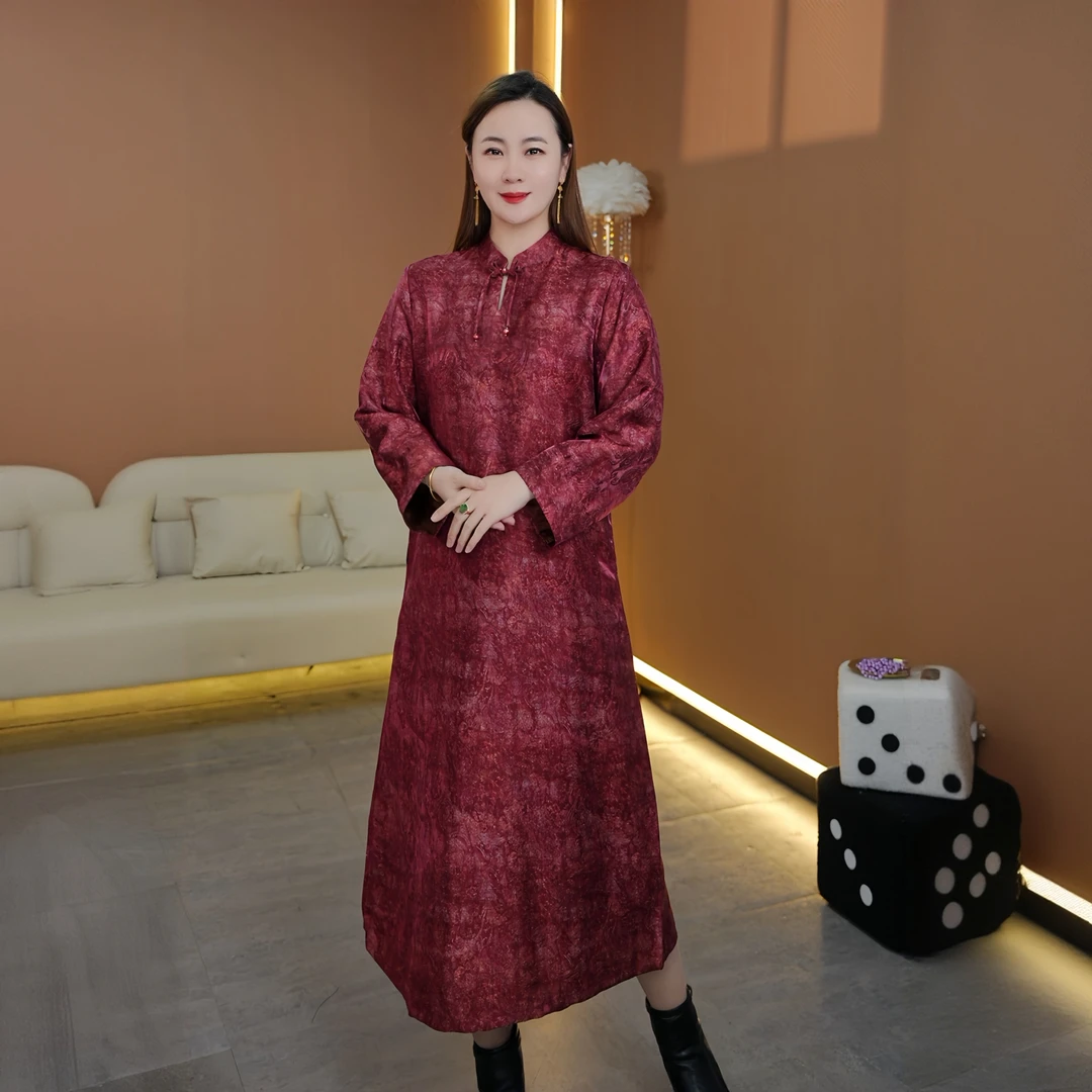 胭脂海棠新中式新款百搭不褪色老料花萝提花连衣裙女中长款休闲女