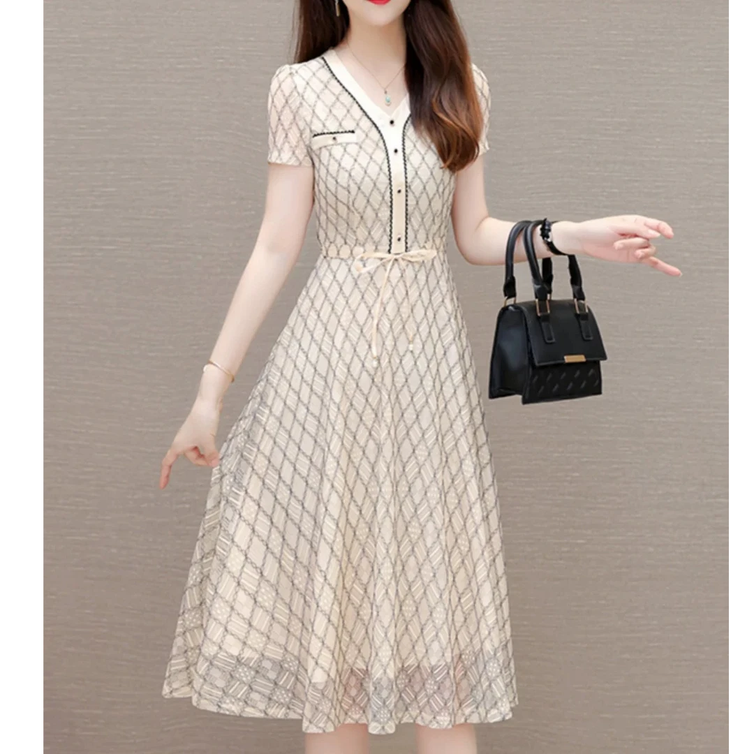 【W7088香槟色】时尚百搭新款休闲时尚百搭洋气2025夏季连衣裙