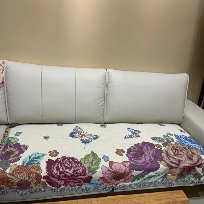 【贵妃塌】130*180蝴蝶高端棉麻A类流苏沙发毯棉麻混纺四季沙发巾