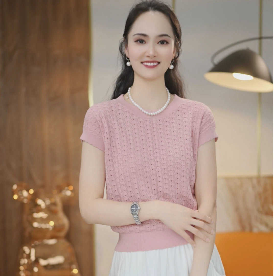 冰凉感~透气（天丝含桑蚕丝）夏季纯色套头圆领气质法式短袖256095