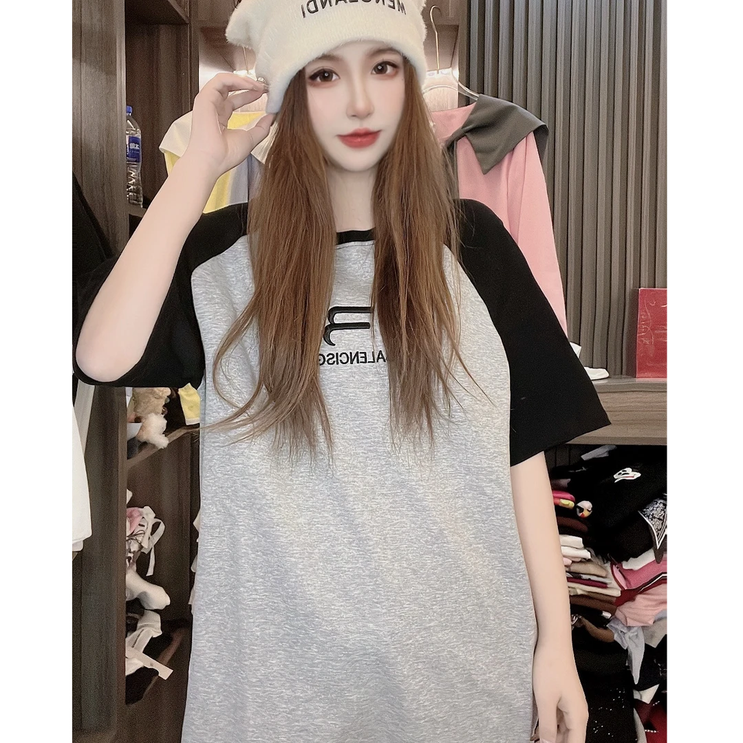 印花常规字母短袖圆领中长款T恤韩版长款设计感小众夏季连帽