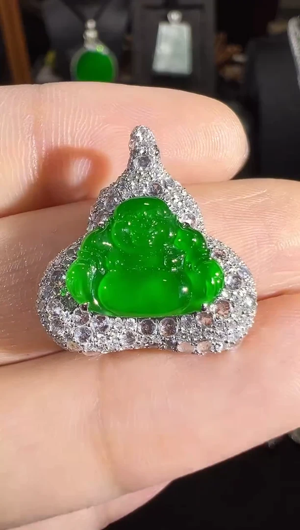 吊坠(不含链)18K金镶嵌翡翠帝王绿佛公吊坠