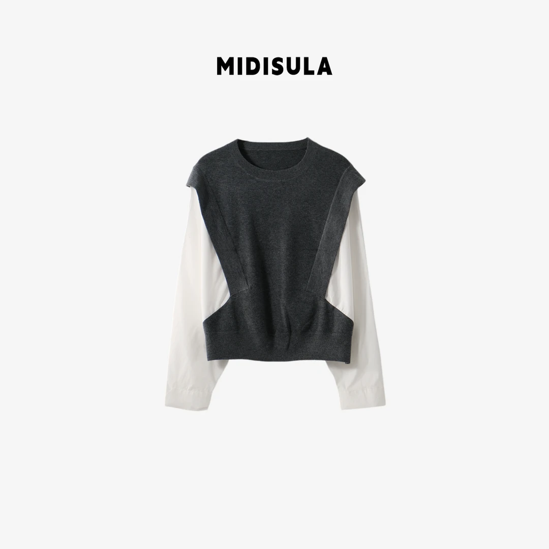 MDSL·新款时尚洋气欧美撞色圆领假两件百搭衬衫#01672