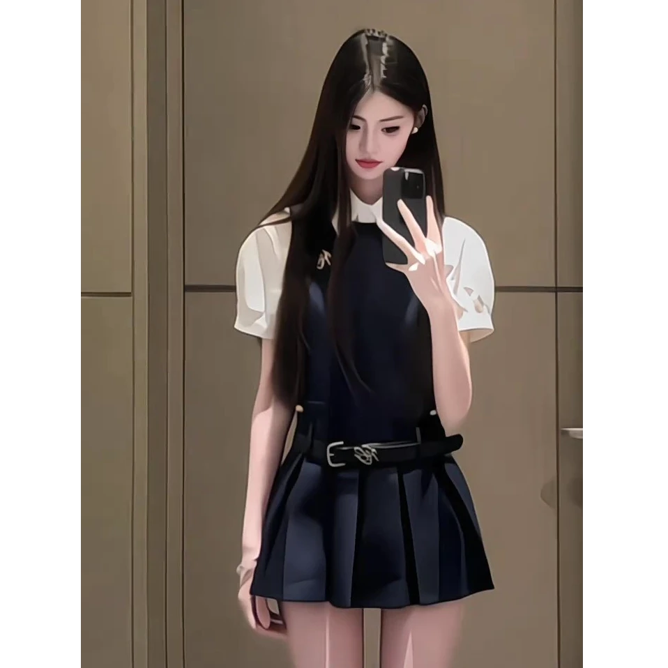 夏季背带连衣裙韩系学院风jk制服短袖衬衫百褶裙小个子两件套装女