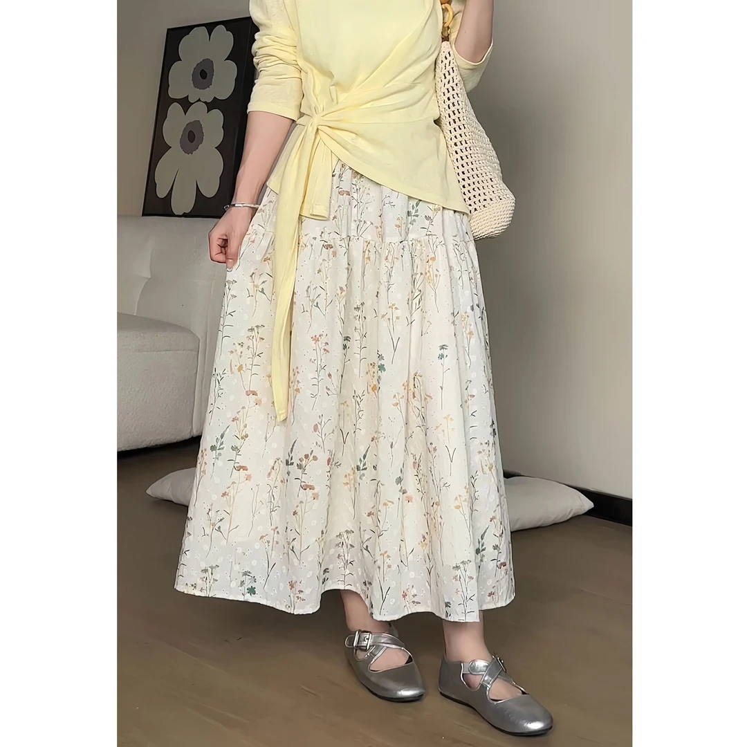 森系甜美印花刺绣松紧腰半身裙夏季新款高腰显瘦a字长裙女9551