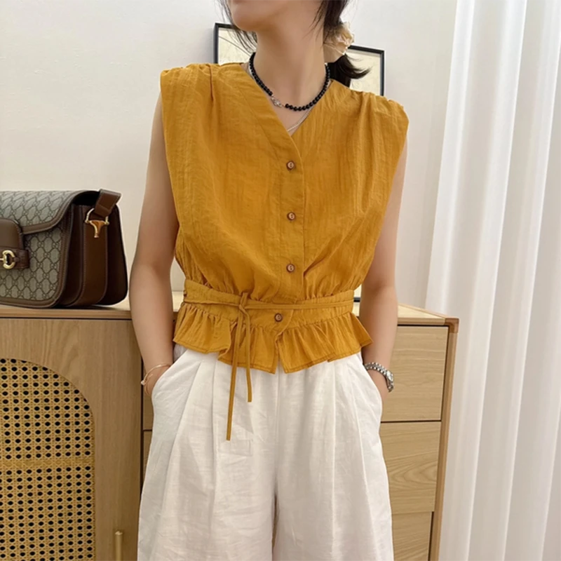 卡莲格/韩版褶皱下摆系带V领无袖衬衫夏季款时尚百搭显瘦短袖上衣