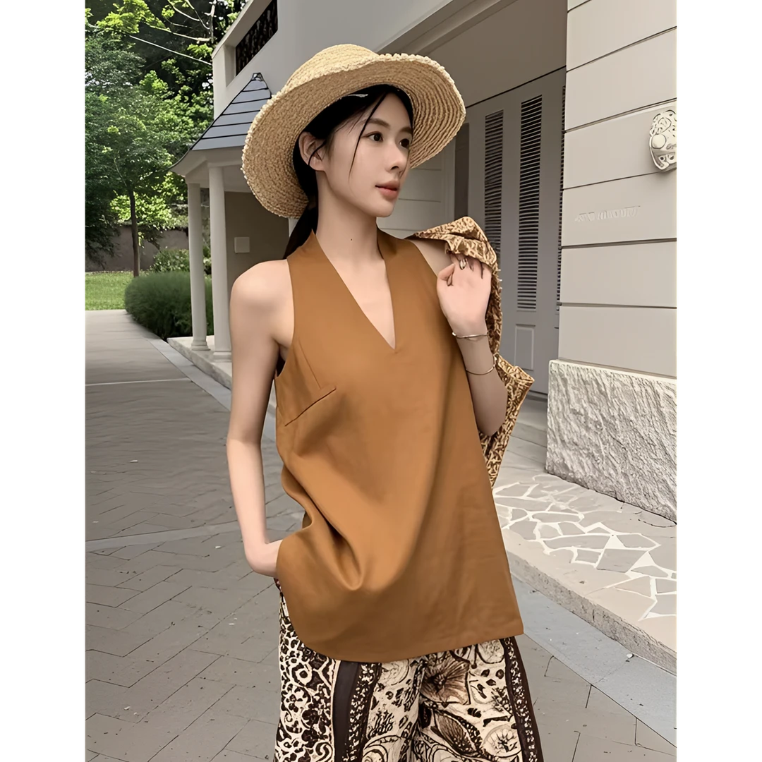 （山野良木）小众设计复古纯色V领背心无袖上衣+民族风阔腿裤T5202#