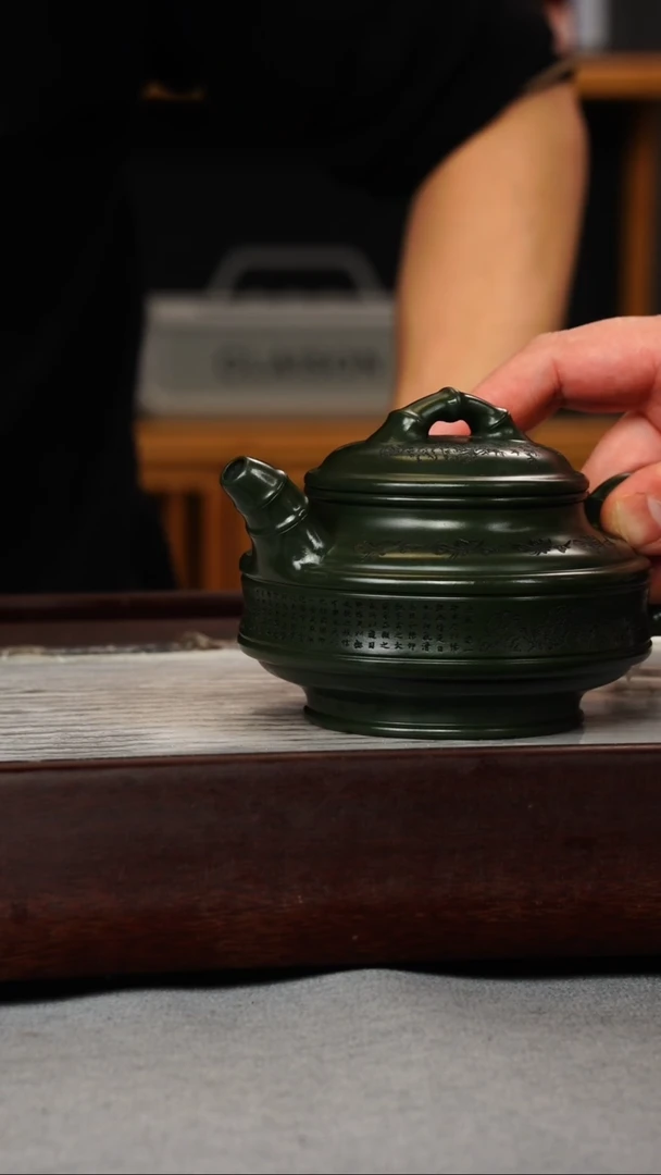 【闪购商品】紫砂茶壶绿泥 双线竹鼓 刻绘