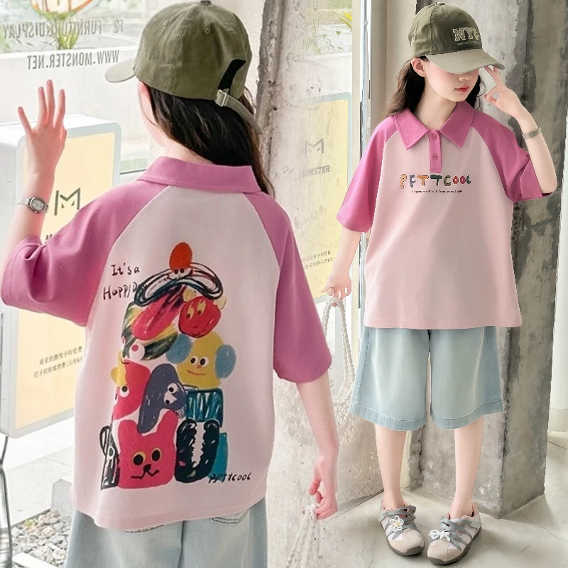 2025女大童休闲夏季新款韩版洋气涂鸦POLO衫女孩短裤两件套潮