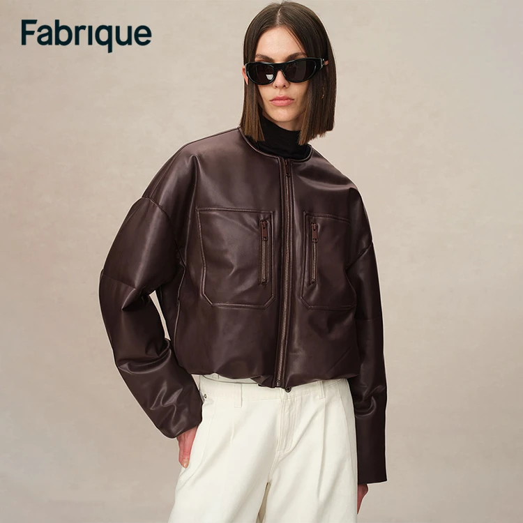 Fabrique Thebe 秋冬布朗尼深棕短款圆领拉链白鸭绒环保皮羽绒服