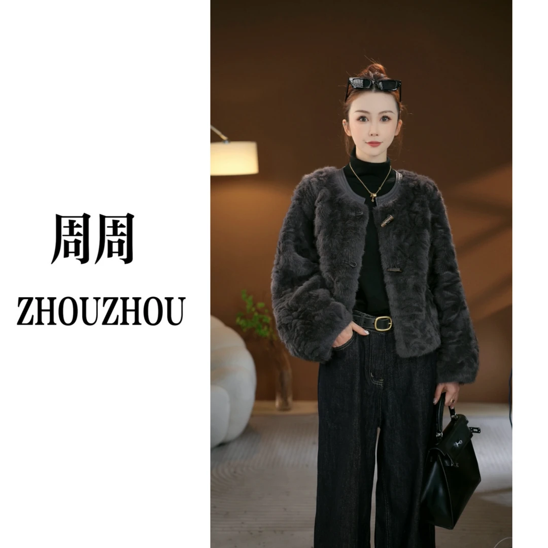 【周周】春季新款宽松外套立领短款保暖女士轻奢拼接女装复古牛角扣