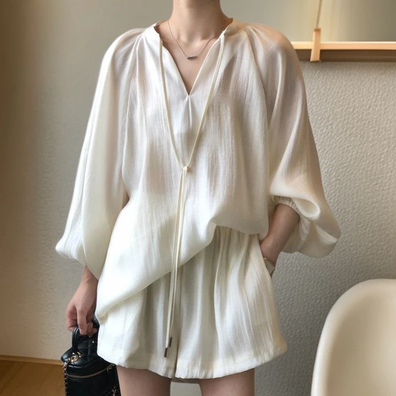 淑萸轻奢防晒休闲套装高级感时尚女装减龄衬衫运动阔腿短裤两件套