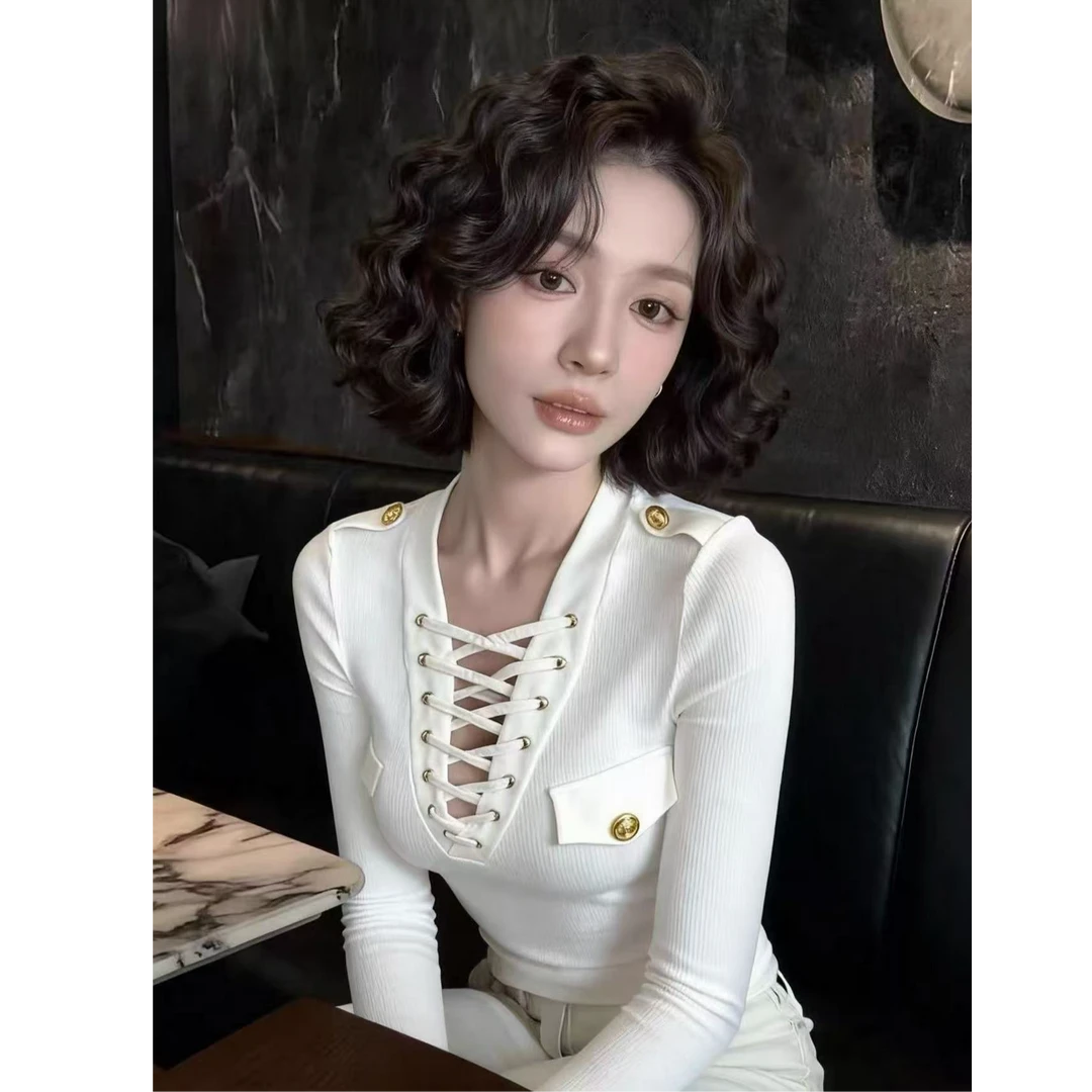 D21白色绑带内搭针织衫女冬季修身百搭显瘦打底上衣小个子