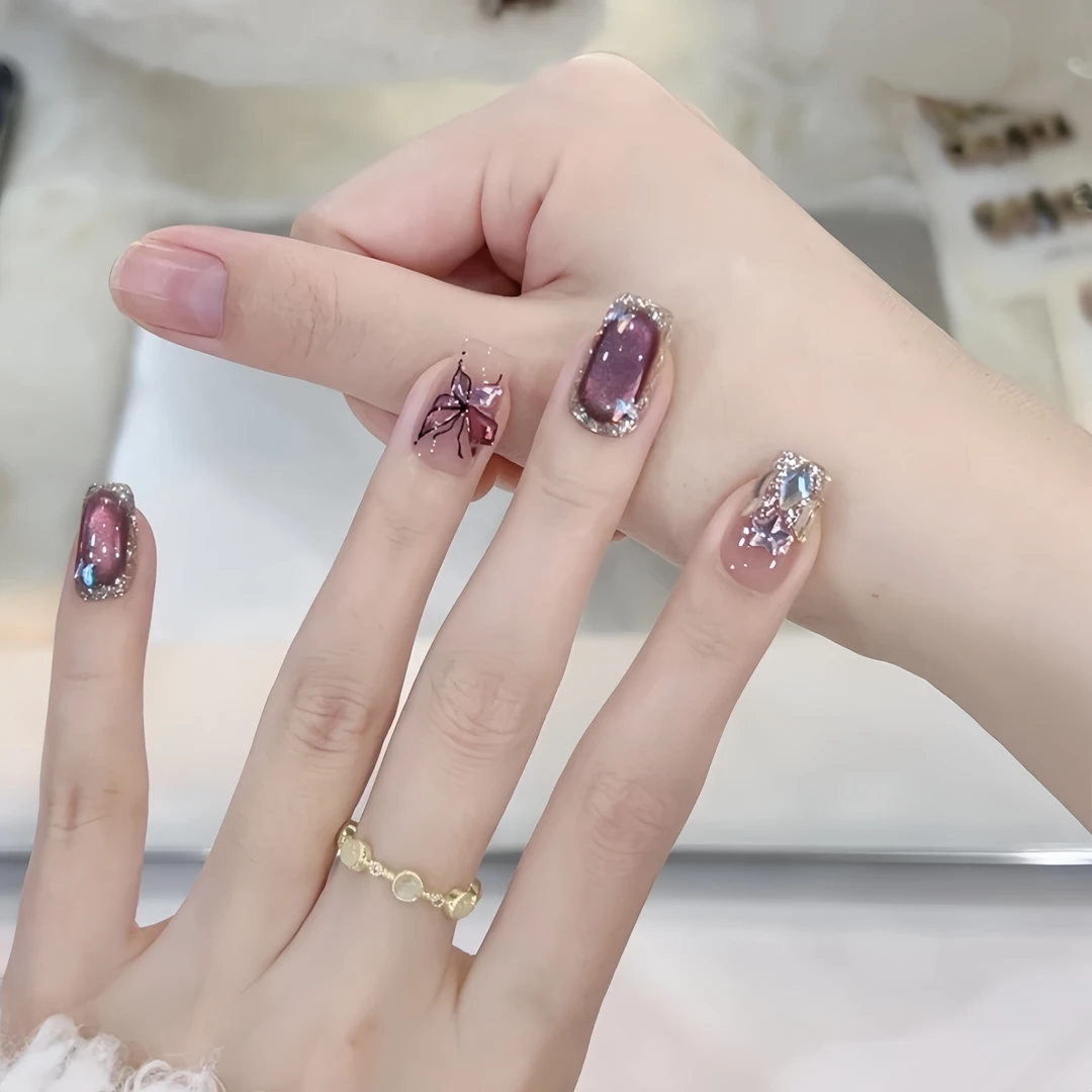 【蔷薇福蝶】纯手工穿戴甲紫色渐变中长款气质穿戴式美甲穿戴甲片